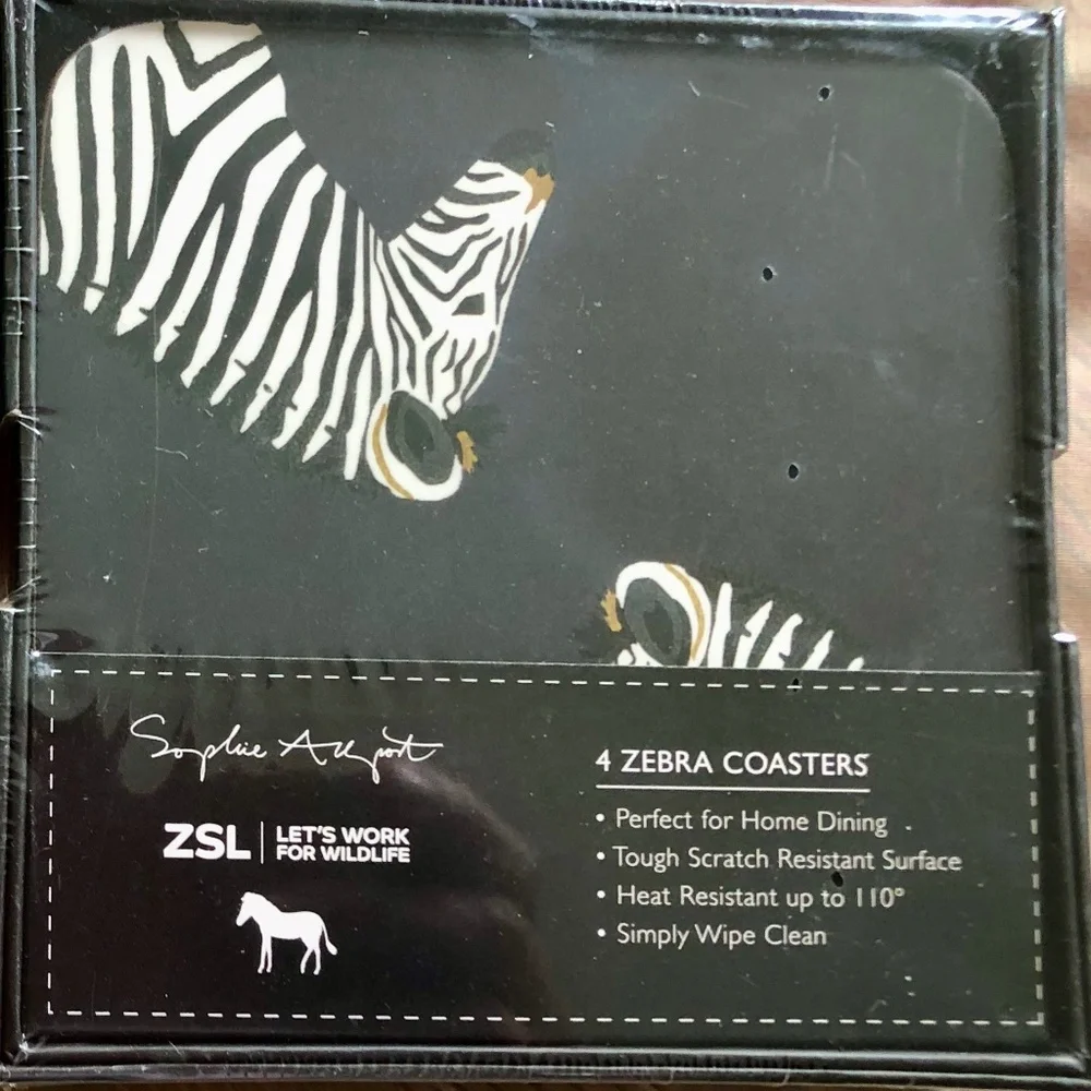 New Zebra Set of 4 Sophie Allport coasters in‎ sealed gift box cork back.